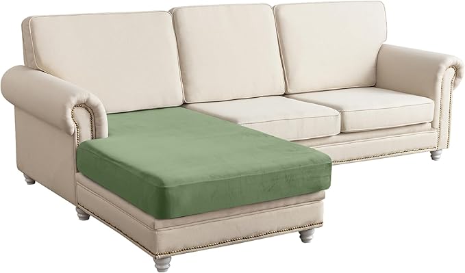 Couch Cover Velvet Chaise Cushion Cover for Sectional Sofas - Elastic L-Shaped Sofa Seat Covers Washable, Slipcover Protector (1-Piece, Avocado Green)