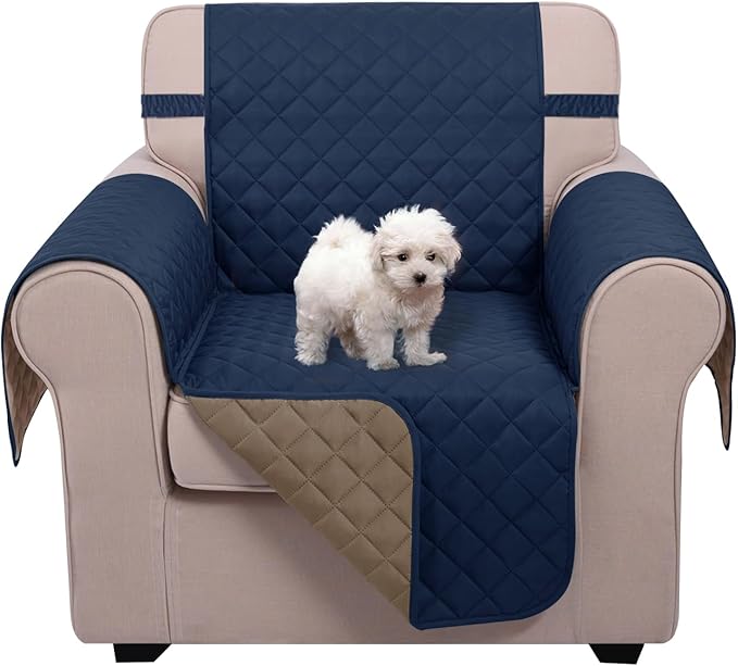 U-NICE HOME Reversible Oversized Chair Covers Quilted Water Repellent Pet Protectors with Elastic Straps (28''Armchair, Navy/Taupe)