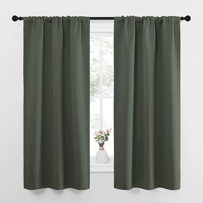NICETOWN Bedroom Curtains Blackout Draperies - All Season Thermal Insulated Solid Rod Pocket Top Blackout Curtains/Drapes for Kid's Room (Dark Mallard, 1 Pair, 34 x 63 Inch)