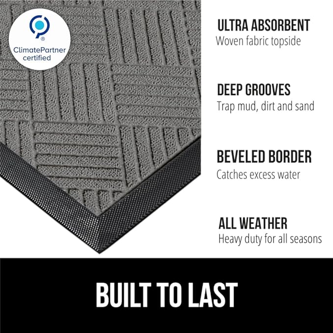 GORILLA GRIP 100% Waterproof All-Season WeatherMAX Doormat US Designed Natural Rubber, Stain Fade Resistant, Low Profile Indoor Outdoor Door Mats, Easy Clean, 29x17 Gray Diamond