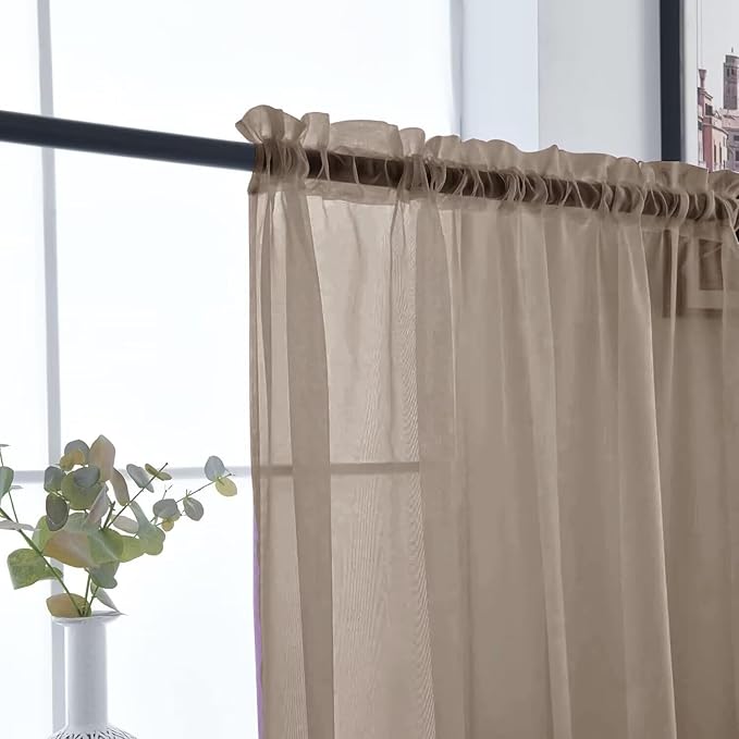 SpaceDresser Basic Rod Pocket Sheer Voile Window Curtain Panels Taupe 1 Pair 2 Panels 52 Width 54 Inch Long for Kitchen Bedroom Children Living Room Yard（Taupe, 52W x 54L）