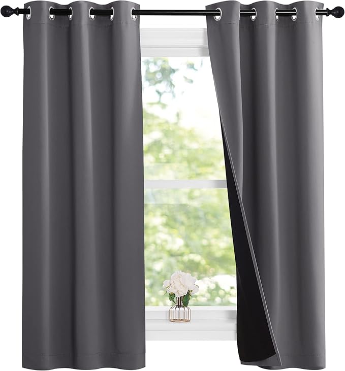 NICETOWN 100% Blackout Short Curtains with Black Liners, Solid Thermal Insulated Full Blackout 2-Layer Lined Drapes, Energy Efficiency Window Draperies for Bedroom (2 Panels, 37" W by 63" L, Grey)