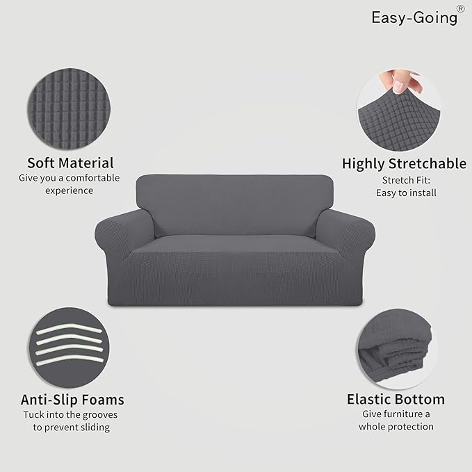 Easy-Going Stretch Oversized Loveseat Slipcover 1-Piece Sofa Cover Furniture Protector Couch Soft with Elastic Bottom for Kids Polyester Spandex Jacquard Fabric Small Checks Grey