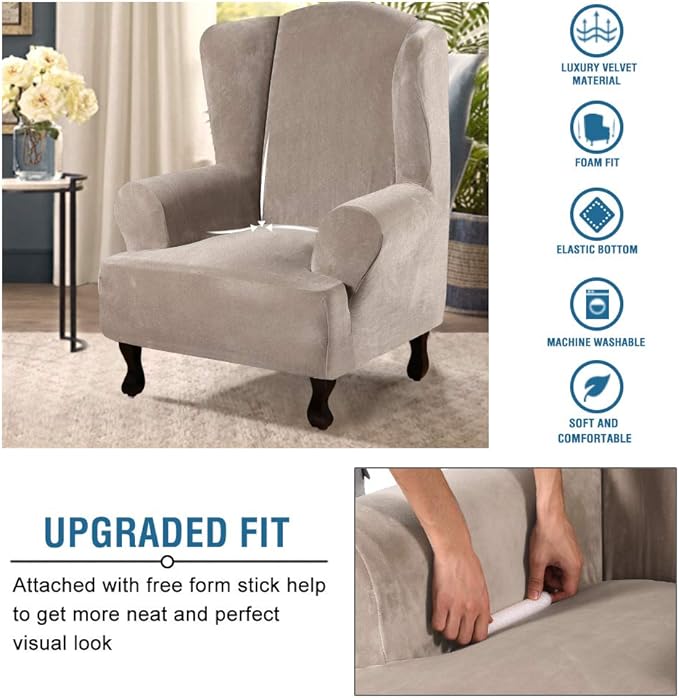 H.VERSAILTEX Wingback Chair Covers Velvet Plush Wing Chair Slipcover 1 Piece High Stretch Wing Back Chair Slipcovers Sofa Cover Furniture Cover with Elastic Bottom, Taupe