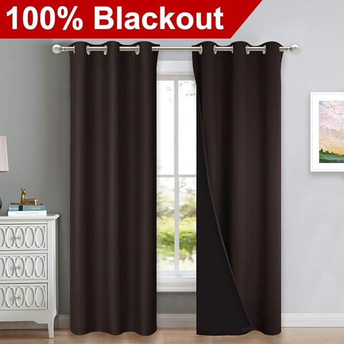 NICETOWN Full Shade Curtain Panels, 37" Wide x 80" Long, Toffee Brown, Pair of Thermal Insulated & Energy Efficiency Blackout Drapes for Living Room, Lined Silky Performance Window Dressing