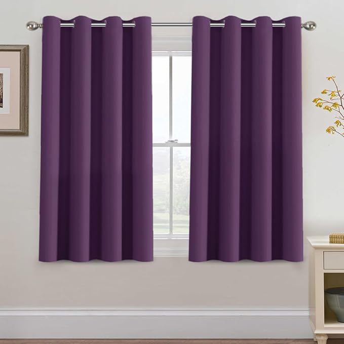 H.VERSAILTEX Blackout Curtain for Living Room Small Window Kitchen Blackout Curtains 45 inch Length Energy Saving Solid Grommet Blackout Drape, One Panel, Plum Purple, 52" W x 45" L