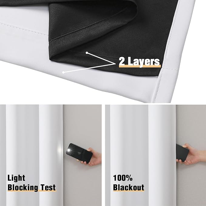 ChrisDowa 100% Blackout Curtains 84 inch Long for Bedroom with Black Liner, Extra Wide 2 Thick Layers Total Blackout Thermal Insulated Grommet Window Curtains 2 Panels Set (Pure White, 60 x 84 Inch)