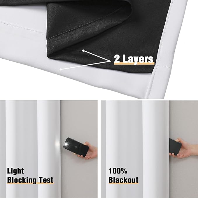 ChrisDowa White 100% Blackout Curtains for Bedroom with Black Liner, 2 Thick Layers Total Blackout Thermal Insulated Grommet Window Curtains 2 Panels Set (Pure White, 42 x 63 Inch)