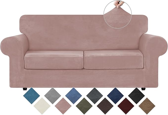 WEERRW Velvet Couch Covers for 2 Cushion Couch Sofa - High Stretch Luxury Velvet Plush 3 Pieces Sofa Slipcovers with Elastic Bottom, Furniture Protector for Pets, Machine Washable, Pink, Medium