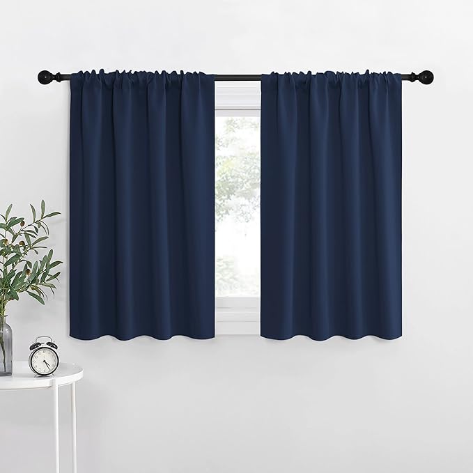 NICETOWN RV Blackout Curtains for Camper Windows, Kitchen Curtains, Short Blackout Curtains & Drapes, Thermal Insulated Rod Pocket Window Treatment Draperies for Nursery (Navy, 34" x 36", Set of 2)