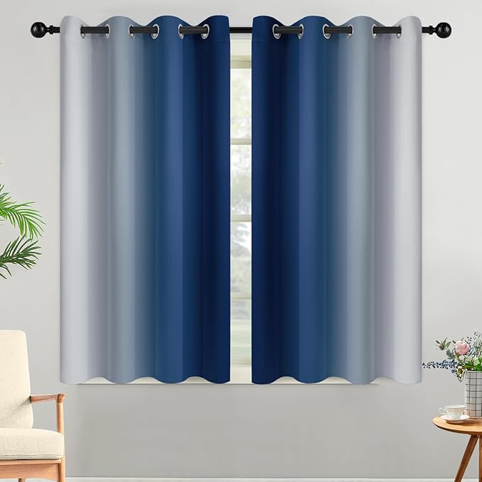 Yakamok Room Darkening Ombre Curtains,Thermal Insulated Grommet Window Drapes, Light Blocking Gradient Color Curtains for Bedroom(Blue and Greyish White, 52x45 Inch, Set of 2)