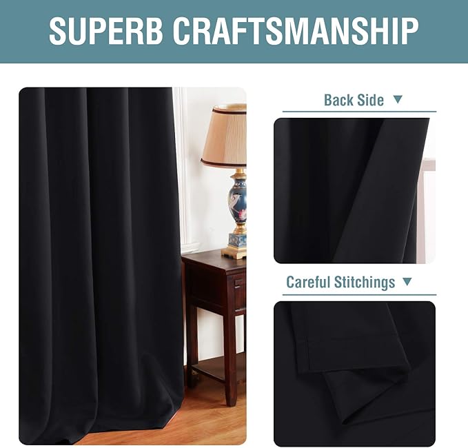 H.VERSAILTEX 100% Blackout Bedroom Curtains Drapes 63 Inch Length Thermal Insulated Window Curtain Panels Energy Efficient Grommet Top Winter Curtain - Solid in Jet Black (One Panel), 52" W x 63" L
