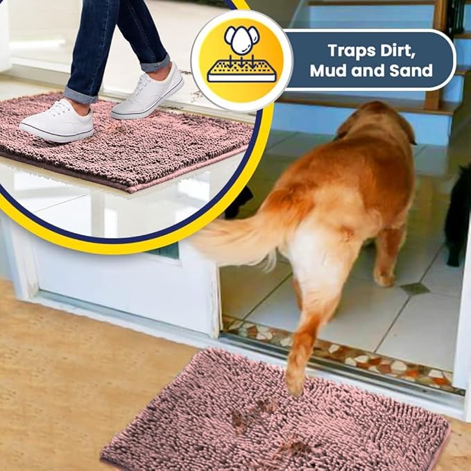Muddy Mat® | Super Absorbent Door Mat Indoor, Microfiber Quick Dry Chenille Entryway Rug, Non-Slip Front Door Mat, Indoor Mats for Entryway, Machine Washable Pet Rug, Pink 24"x60"