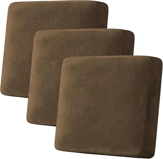 H.VERSAILTEX Velvet Stretch Couch Cushion Cover Plush Cushion Slipcover for Chair Loveseat Sofa Cushion Furniture Protector Seat Cushion Sofa Cover (3 Piece XL Sofa Cushion Covers, Bronze Brown)