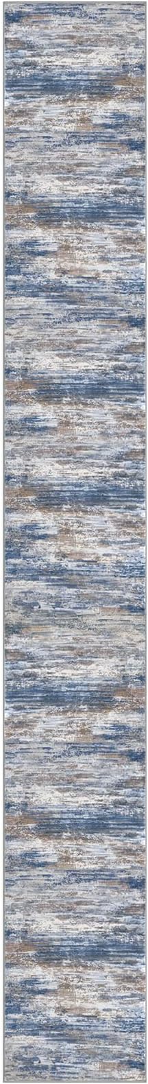 KOZYFLY Modern Abstract Washable Runner Rug 2.6x20 Hallway Runners Non-Slip Soft Kitchen Runner Rugs, Blue Rust 20 Foot Carpet Runner for Stair Entryway Bathroom Laundry Room Foyer