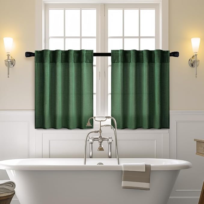 MIULEE Emerald Green Kitchen Curtains 24 Inch Length 2 Panels, Soft Thick Linen Textured Semi Sheer Light Filtering Short Cafe Tier Curtains for Small Half Window Back Tab Rod Pocket Christmas Decor