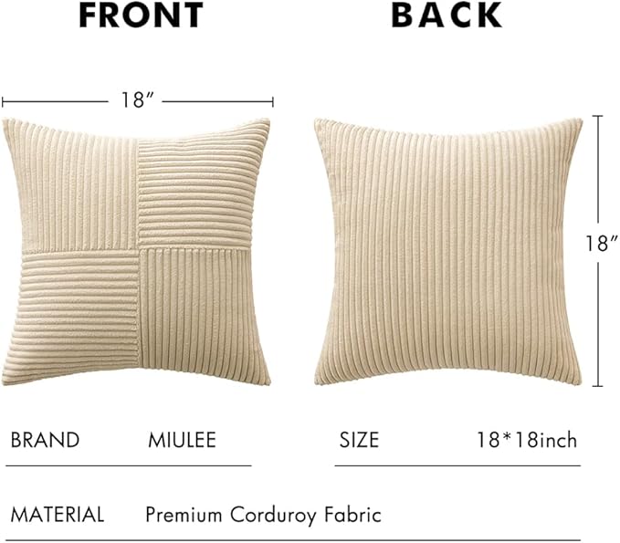 MIULEE Cream Decorative Throw Pillow Covers 18x18 Inch for Couch Bed Sofa Pack of 2 Boho Neutral Farmhouse Throw Pillows Soft Cross Corduroy Patchwork Textured Cushion Cases