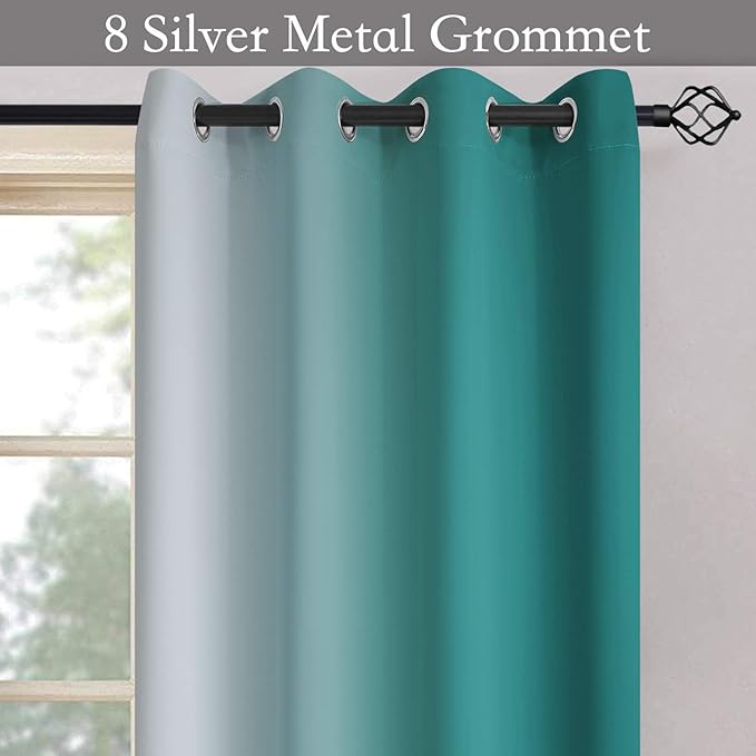 SimpleHome Ombre Room Darkening Curtains 45 inches Length for Bedroom,Grommet Gradient Light Blocking Teal Gradient Window Curtains for Living Room,2 Panels, 52x45 inches