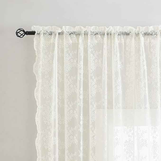 YJ YANJUN Vintage Lace Curtains 108 inches Long 2 Panels Set French Country Shabby Chic Floral Sheer Curtains for Living Room Window Light Filtering Rod Pocket 52W x 108L Ivory