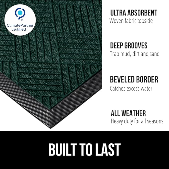 GORILLA GRIP 100% Waterproof All-Season WeatherMAX Doormat US Designed Natural Rubber, Stain and Fade Resistant, Low Profile Indoor Outdoor Door Mats, Easy Clean Patio Mat, 23x35, Green Diamond