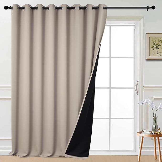 Yakamok Total Blackout Extra Wide Patio Sliding Door Curtains, Grommet Thermal Insulated Blind Curtains, Sliding Glass Door Panel for Living Room/Space Room Divider, Natural, W100 x L96, 1 Panel