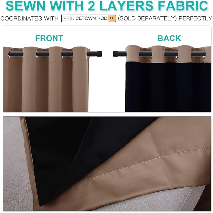 NICETOWN Cold Blocking Curtains, 100% Blackout Curtains Thermal, Noise Reduction and Privacy Curtains for Patio Door, Black Lined Blackout Drapes with Grommet Top, Cappuccino, 1 Pair, W52 x L84