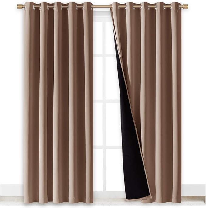 NICETOWN Warm Curtains for Winter, 100% Blackout Curtains Thermal, Noise Reduction and Privacy Curtains for Patio Door, Black Lined Blackout Drapes with Grommets, Cappuccino, 1 Pair, W70 x L84