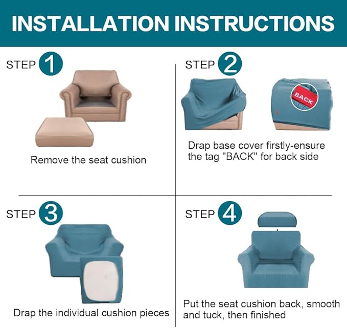 Turquoize 2 Piece Chair Covers Armchair Slipcovers for Living Room Armchair Sofa Cover with Individual Cushion Covers Feature Jacquard Fabric (Chair, Storm Blue)