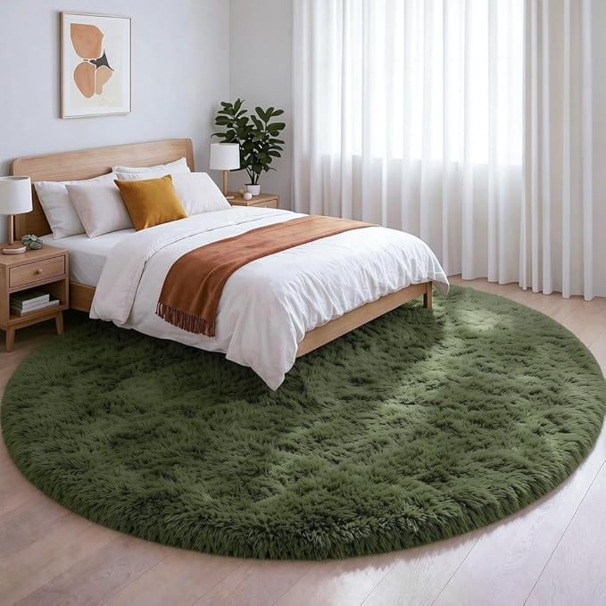 Amdrebio Olive Green Round Rug 4Ft for Bedroom Living Room, Fluffy Shaggy Modern Circle Area Rugs for Kids Room, Soft Plush Fuzzy Shag Carpet for Dorm Playroom Office Nursery Classroom, Home Decor
