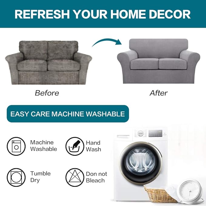 Turquoize 3 Piece Sofa Covers for 2 Cushion Couch Sofa Slipcover Soft Couch Cover for Dogs-Washable Sofa Furniture Covers with 2 Individual Cushion Covers, Feature Thick Fabric (2 Cushion Sofa, Dove)