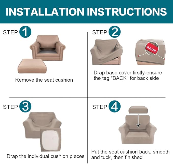 Turquoize 2 Piece Chair Covers Chair Slipcovers for Living Room Armchair Couch Cover Chair Sofa Cover with Individual Cushion Covers Furniture Cover for Chairs Feature Jacquard Fabric (Chair, Sand)