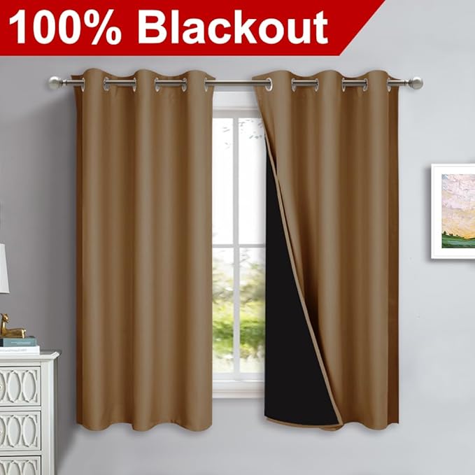 NICETOWN 100% Blackout Curtains 45 inches Long, Gold Brown, 1 Pair, 42 inches Width Each Panel, 2 Thick Layers Completely Blackout Window Treatment Thermal Insulated Lined Drapes for Small Window