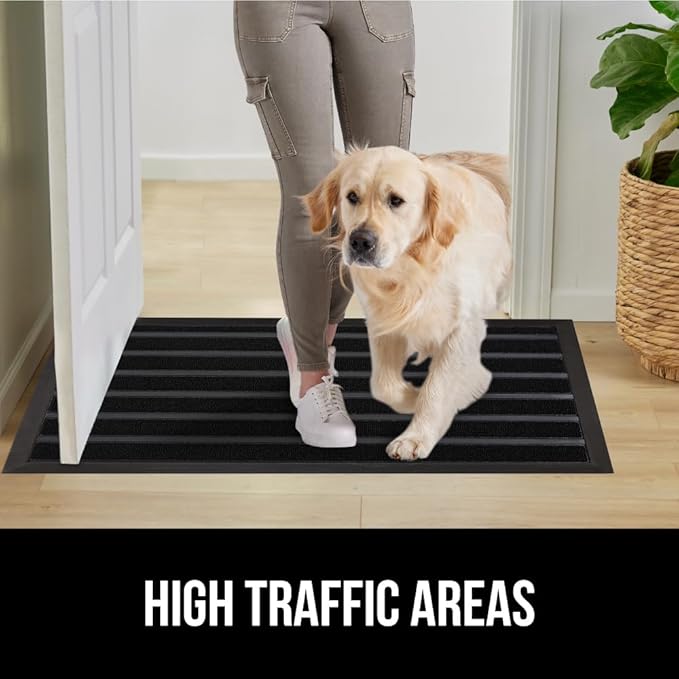 GORILLA GRIP 100% Waterproof All-Season WeatherMAX Doormat US Designed Natural Rubber, Stain and Fade Resistant, Low Profile Indoor Outdoor Door Mats, Easy Clean Patio Mat, 29x17, Black Stripe