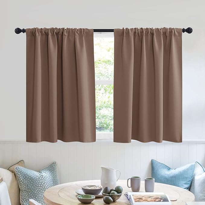 RYB HOME Blackout Privacy Bathroom Window Curtains, Short Thermal Insulated Heat Blocking Privacy Rod Pocket Half Window Curtain Tiers for Nursery Bedroom, Width 42 by Length 30, Mocha, 2 Panels