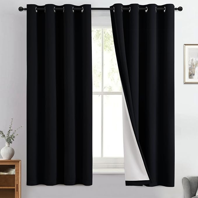 Yakamok 100% Blackout Curtain Panels 63 inches Cold and Light Blocking Drapes for Nursery, 2 Thick Layers Thermal Insulated Draperies (2 Pieces, 50 Wide Each Panel, Black/White Backing)