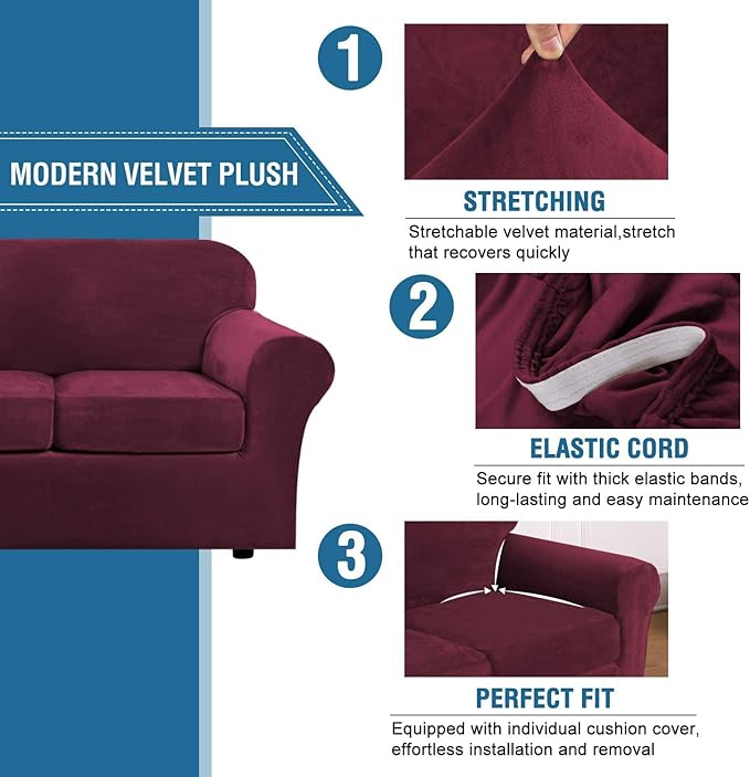 H.VERSAILTEX Modern Velvet Plush 4 Piece High Stretch Sofa Slipcover Sofa Cover Furniture Protector Form Fit Luxury Thick Velvet Sofa Cover for 3 Cushion Couch Width Up to 90 Inch(Sofa,Burgundy)