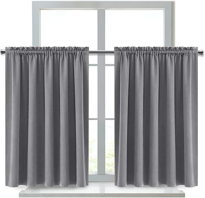 DWCN Grey Blackout Curtains for Half Window, Thermal Insulated Energy Saving Room Darkening Curtains for Kitchen/Bedroom (W60 x L36 inch, Set of 2 Panels, Top of Rod Pocket)