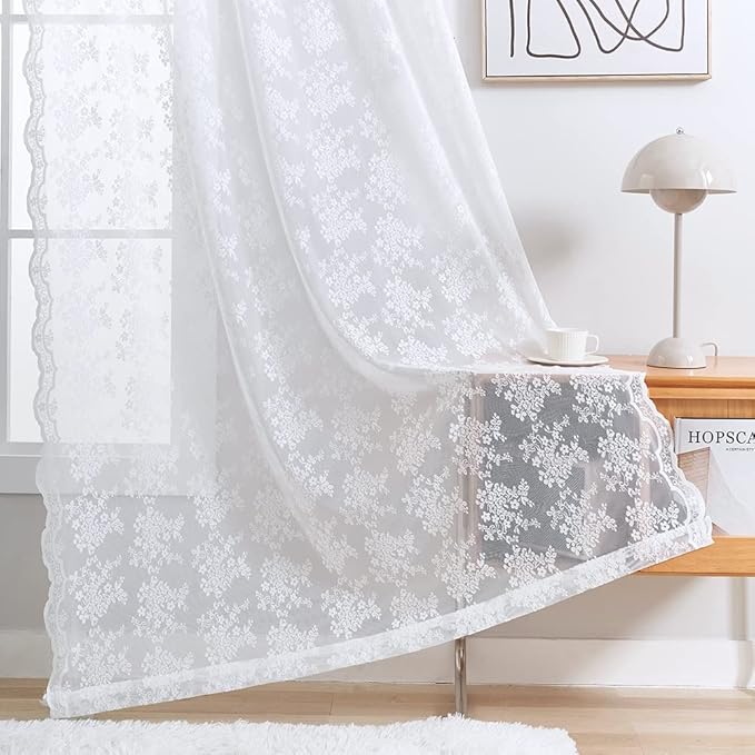 YJ YANJUN Vintage Lace Curtains 84 Inches Long 2 Panels-Victorian Floral Old World Style Cottage Shabby Chic White Sheer Curtains for Living Room Bedroom Rod Pocket Light Filtering 52 x 84 Inch