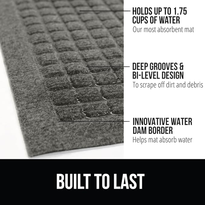 GORILLA GRIP® Ultra Absorbent Front Door Mat Outside Entrance, Traps Dirt and Moisture, HydroABSORB Indoor Outdoor Doormat Holds Up to 1.7 Cups Water, Stain and Fade Resistant Welcome Mat, 29x17, Grey
