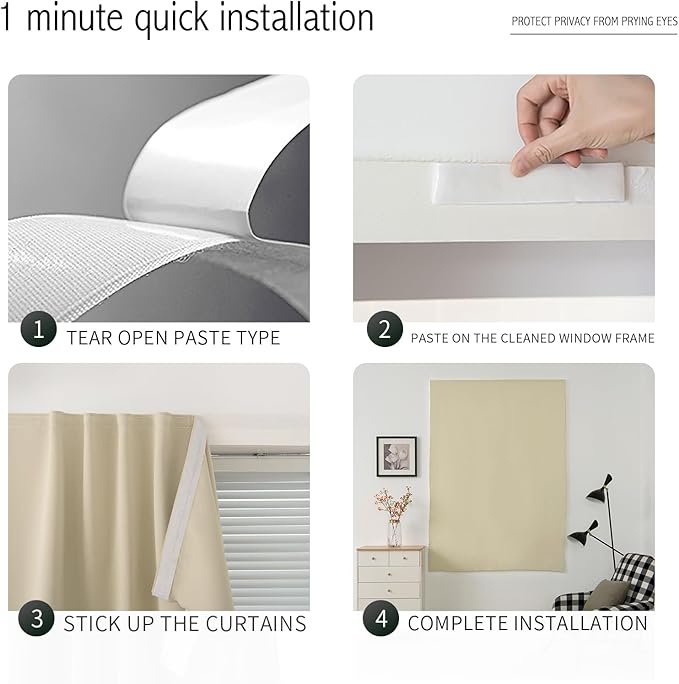 Self Adhesive Portable Blackout Curtains for Bedroom Easy to Install Window Thermal Lnsulated Kitchen Room Darkening Small Window Curtains, 47" W X 84" L, Beige, 1 Panel