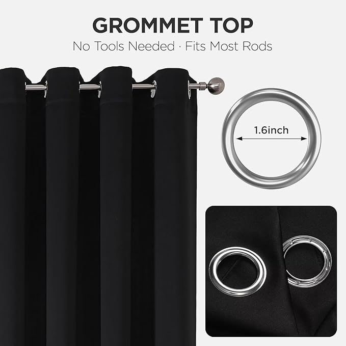 Joydeco Christmas Blackout Curtains for Living Room, Black Curtains 90 Inch Long 2 Panels Set, Room Darkening Grommet Drapes for Bedroom Window (Black, W52 x L90 Inch)