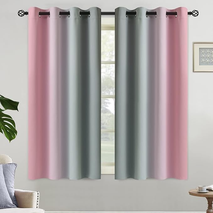 Yakamok Pink and Grey Blackout Curtains, Ombre Full Room Darkening Window Curtains for Living Room,Grommet Thermal Insulated Drapes,Light Blocking Curtains for Girls Bedroom,52x54 Inch, 2 Panels