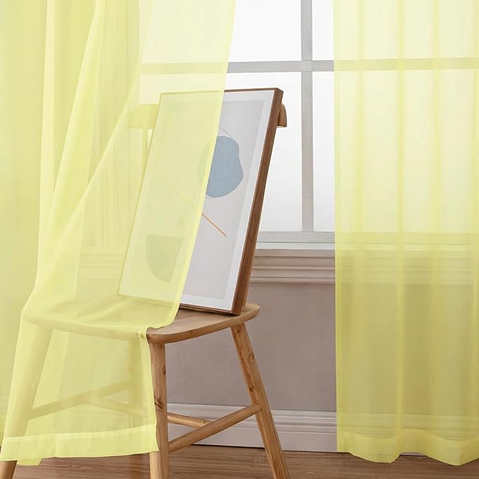 Chyhomenyc Sheer Curtains 108 Inch Length 2 Panels Set - Extra Long Light Filtering Solid Voile Window Drapes for Living Room Bedroom, 42Wx108L, 9FT Length, Light Yellow