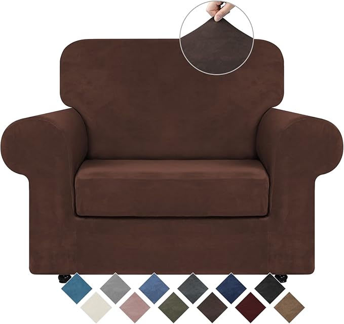 WEERRW Velvet Stretch Chair Sofa Slipcover - 2 Pieces Luxury Soft Velvet Plush Couch Cover Furniture Protector with Elastic Bottom for Pets, Machine Washable, Chocolate, Small