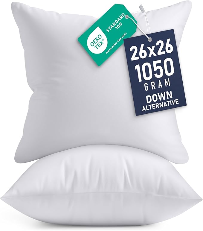 Utopia Bedding 26x26 Pillow Inserts, Set of 2, White – Indoor Decorative Throw Pillows for Bed, Sofa & Couch – Soft, Supportive & Fluffy Cushion Inserts