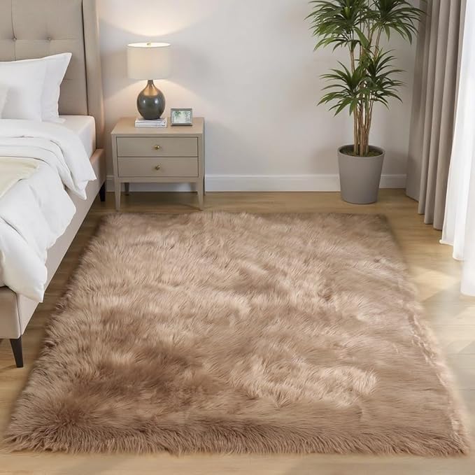 Goolela Area Rug 5x7 - Light Brown Beige - Fluffy Fuzzy Furry Carpet for Bedroom Living Room Faux Sheepskin Fur Shaggy Plush Washable Rectangle