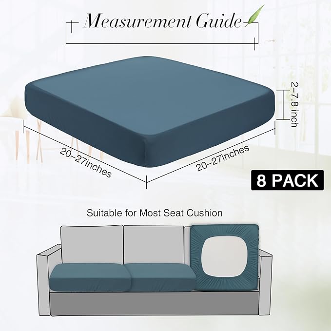 Newwiee 8Pcs Patio Cushion Covers Stretch Outdoor Cushion Cover Replacement for Patio Furniture Sofa Couch Slipcovers, Soft Flexibility Washable Furniture Protector(Waterproof Pure,Gray Blue)