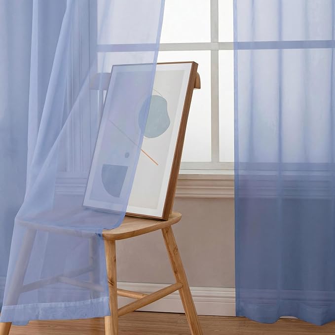 Simplebrand Denim Sheer Curtains 96 Inches Long, Light Filtering Rod Pocket Solid Color Window Sheer Curtain Panels, Elegant Curtains & Drapes for Living Room, Bedroom 2 Panels (Denim, 42" W x 96" L)