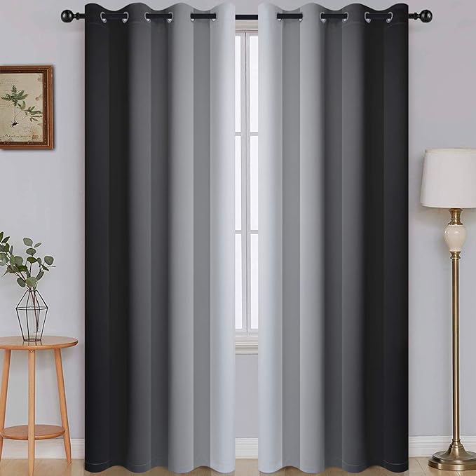 SimpleHome Ombre Room Darkening Curtains for Bedroom, Gradient Black to Gray White Light Blocking Thermal Insulated Grommet Window Curtains/Drapes for Living Room,2 Panels, 52x96 inches Length