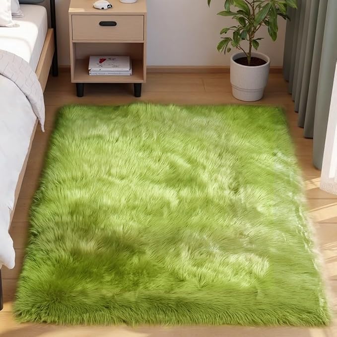 Goolela Lime Green Rug 4x6 Fluffy Fuzzy Furry Carpet for Bedroom Bedside Playroom Faux Sheepskin Fur Soft Shaggy Rectangle